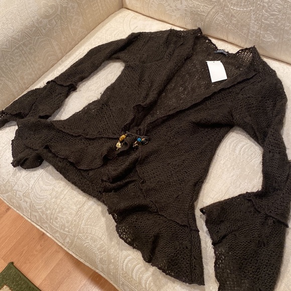 Le Chat Paris Soft Black Mohair Open Knit Sweater, Detailed Pin, Bell Sleeves - Picture 11 of 16